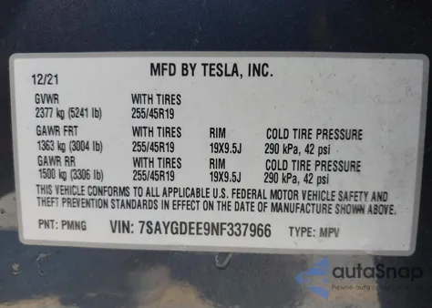 2022 Tesla Model Y Long Range Dual Motor All-Wheel Drive z USA, uszkodzony, nr VIN 7SAYGDEE9NF337966